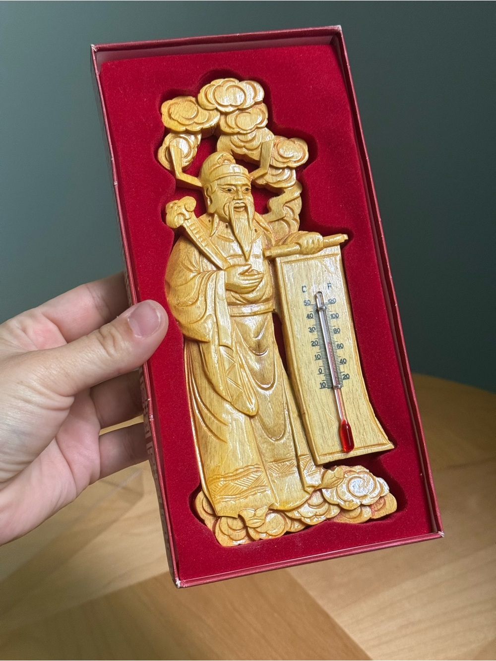 MCM Wall Hanging Wood Carved Thermometer Chinese Shanghai No117 by Flying Fish